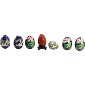 7 Assorted Chinese Eggs in Cloisonne, Enamel and Red Cinnabar - See Pictures