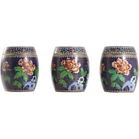3 Chinese cloisonné blue enamel flower design barrel-shaped jar boxes, 4 in. height