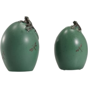 Emilia Castillo Frog Salt and Pepper Shapes on Ceramic Green Egg - Applied Sterling Silver