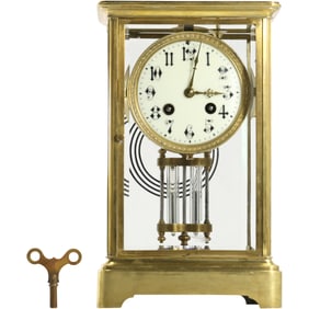 Antique Brass Crystal Regulator Clock Made in France with Pedulum & Key, 10.25 in. height