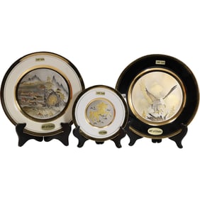 Art of Chokin, 3 Cabinet Plates, 24K Gold Accents, Unicorn, Eagle, Landscape