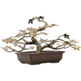 Unique Gilt Metal Bonsai Tree in a Pot, 8.5 in. height x 13.5 in. length