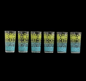 Set 6 vintage Anchor Hocking glasses in the Chartreuse and Aqua Snowflake pattern
