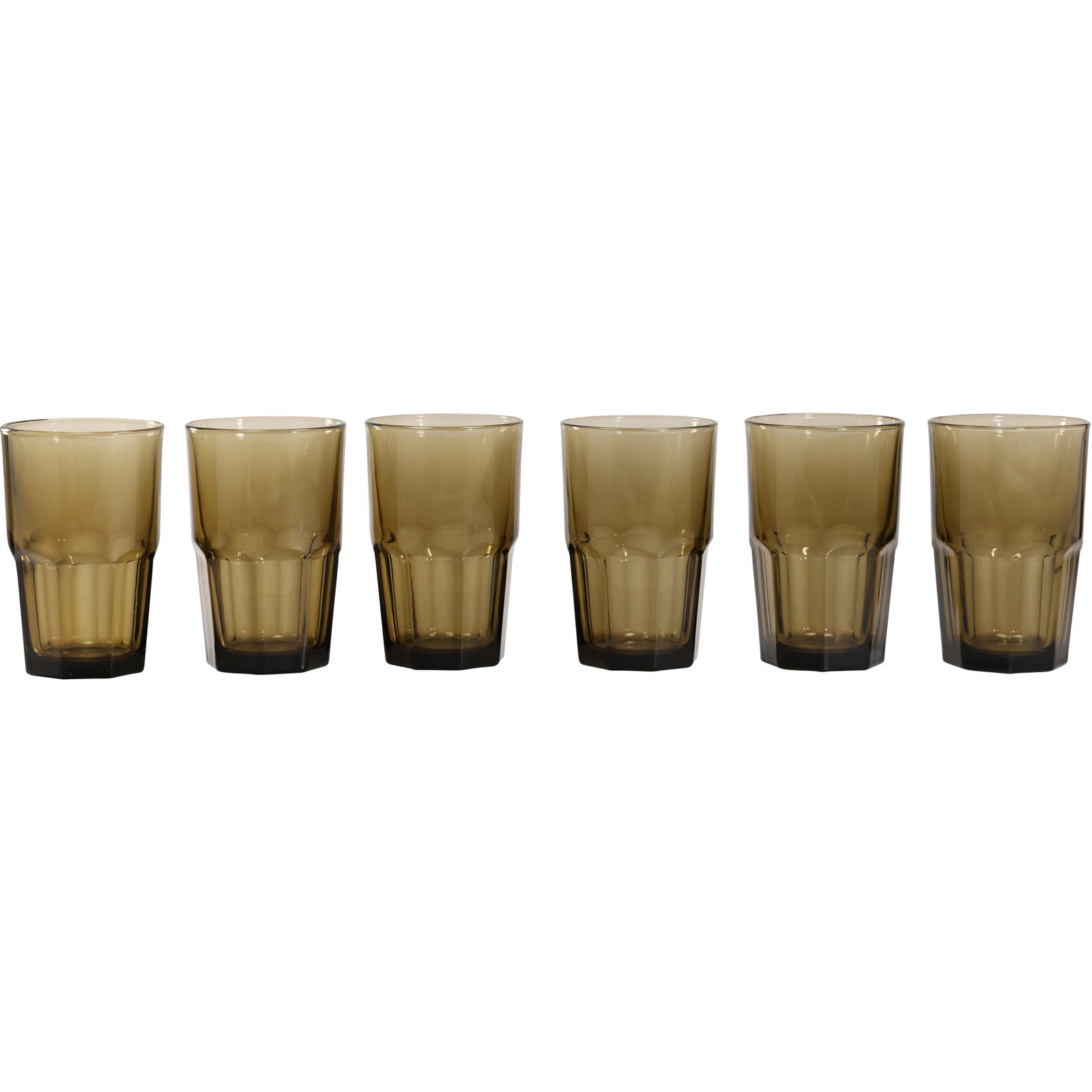 Set 6 CRISA BOSTON MOCHA BROWN GLASS 16 OZ TUMBLERS, Signed on Base: Set 6 CRISA BOSTON MOCHA BROWN GLASS 16 OZ TUMBLERS, Signed on Base. size: 5.25 h, 2.5 x 3.5 w S:A