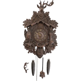 Vintage Walnut Black Forest Coo-Coo Clock, Deer Head, Game Birds, Rifles, LUX Waterbury