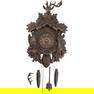 Vintage Walnut Black Forest Coo-Coo Clock, Deer Head, Game Birds, Rifles, LUX Waterbury