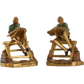Vintage Bronze Clad Figural Bookends "Book Worm", Good Polychrome Patina