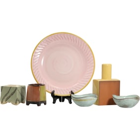 6 Assorted Modernism Designs Studio Pottery Vases, Bowls, Charger - Various Artists