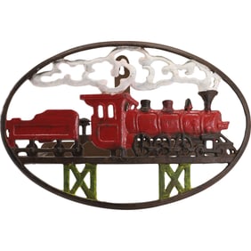 Cast Iron Moving Steam Locomotive Train Wall Mount Garden Hose Holder in Original Paint