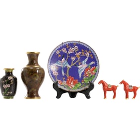 5 Piece Assorted Chinese Cloisonne Plate with Birds, 2 Cloisonne Vases and 2 Red Horses