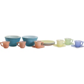 PYREX Multicolor Glass Kitchen Set, Bowls are marked but the teacups are not 2 Blue bowls 4 plates,