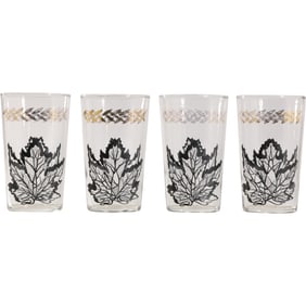 Set 4 Federal Black and Gold Leaf Tumblers Glasses, Highball, Drinking - Barware