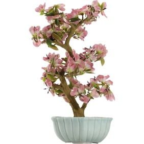 Vintage Chinese glass Bonsai tree with Jade pink flowers in an Asian celadon pot 16.5 in. height