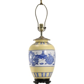 Vintage Spode Porcelain Asian Blue, White, Yellow Table Lamp, Unsigned, 26.5 in. overall size