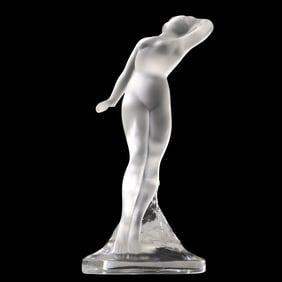 Signed LALIQUE FRANCE Art Glass Crystal and Satin Glass Nude Woman Dancer Figurine 9.75 in.