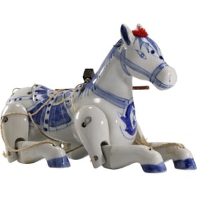 Vintage Articulated Equestrian Horse Marionette Puppet Blue & White Porcelain in Chintz Pattern