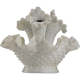 Fenton White Hobnail Glass Epergne Console Bowl with 3 Vases 7.75 in. height x 8 in. dia.