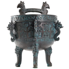 Verdigris James Mont Style Asian Aztec Cast Faux Bronze Ice Bucket 11 in. height x 8.75 in. wide