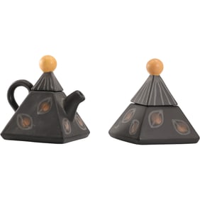 Unique Artist Signed Black Ceramic Pyramid Shaped Sugar and Creamer, Modernism