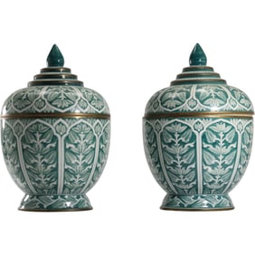 Pair Maitland Smith Green White Floral Porcelain Lidded Urns or Jars with Brass Rim Closure