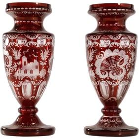 Pair 19th C. Bohemia Red Glass Vases Cut to Clear Decorated with Castle, Running Deer 9 in. height