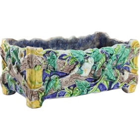 19th C. French Majolica Rectangular Table Top Jardinere Fence and Flowers 11 in. length