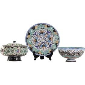 3 Assorted Minakari Persian Enamel Plate, Covered Bowl, Pedestal Bowl