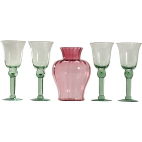 Set 4 Green Glass Wine Stemware and Cranberry Glass Vase