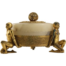 Circa 1920s Art Deco Nouveau Alabaster Jewelry Dresser Box Gold Nude Kneeling Women Supports