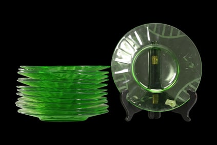 Set of 12 plus an extra Green Depression Glass Luncheon Plates 8 inches diameter