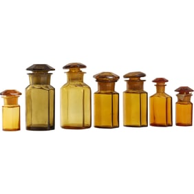 7 Assorted Vintage Amber Glass Apothecary Bottles in Various Sizes - See Pictures