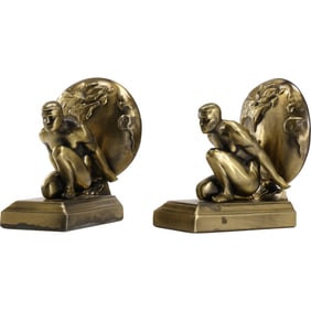 Cast Metal Bookends, Nude Male Figure, Greek Titan Atlas, Kneeling and Holding a Globe