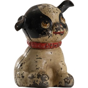 Vintage 1930's Cast Iron Hubley "FIDO" Black And White Puppy Dog Still Coin Bank, Original Paint