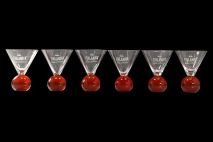 Set 6 FINLANDIA Vodka of Finland Ruby Red Glass Ball Base Martini Cocktail Glasses