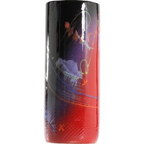 Signed Studio Art Pottery Multi Colors Abstract Design Cylindrical Vase 11 inches height x 4.5 in.