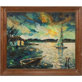 Signed Lawrenson, Vintage Oil on Canvas Painting Sailboat on Sunset Bay Waters
