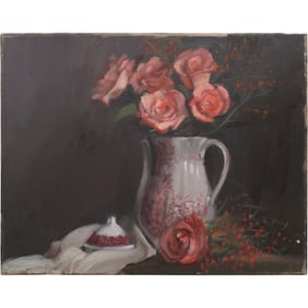 Signed Dee Kusting, Fine 20th C. Oil on Canvas Still Life Pink Roses, White Pitcher