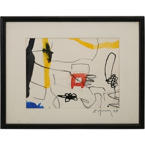 after Joan Miro, Mixed Media on Paper Abstract, Signed B. Mandy, Framed