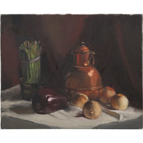 Signed Dee Kusting, Fine 20th C. Oil on Canvas Still Life Vegetables with Copper Kettle