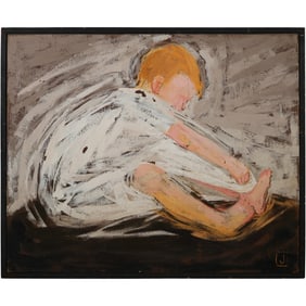 Janna Goodspeed, Impressionism Oil on Board Painting, "Little Boy in a Big Shirt"