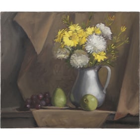 Signed Dee Kusting, Fine 20th C. Oil on Canvas Still Life Fruits, Flowers in Pitcher