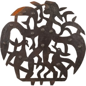 Joseph Louis Juste, Signed Haitian Folk Art Iron Cut -out Sculpture Figure and Birds