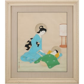 Asian Painting Gouache on Jedwab (silk), Madonna Mother and Child, Signed, Framed