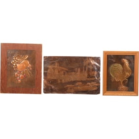 3 Vintage Copper Plaques: Fruits; Rooster; Logging Scene