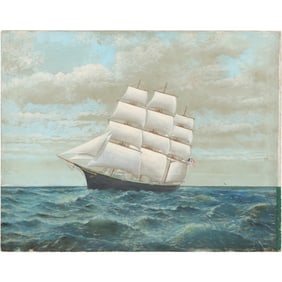 Antique Oil on Canvas Nautical Painting, Full Sail Clipper Ship with American Flag