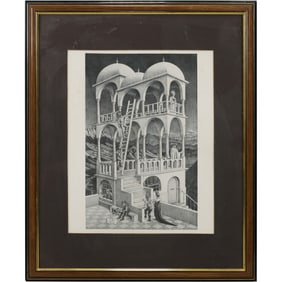"Belvedere," a lithograph print created by Dutch artist M.C. Escher in 1958