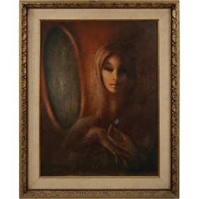 Signed Duranti, "Quarant Anni", Oil on Board Painting Portrait of a Young Woman next to a Mirror