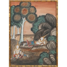 Oil painting scene from the Vessantara Jataka, a Buddhist tale about Prince Vessantara's generosity