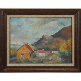 Circa 1950s Oil on Board Painting Mountains Landscape with Homes, Framed