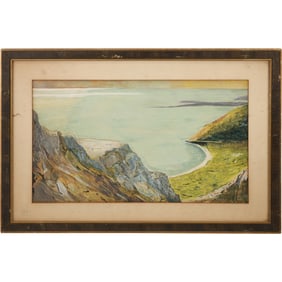 Vintage Watercolor Painting Sea Coast, Cliffs, Framed